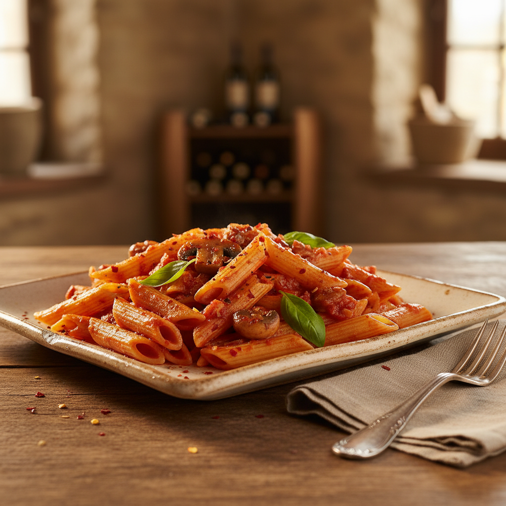 plate of spicy vegan arrabbiata pasta with mushrooms and fresh basil