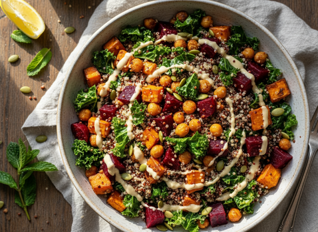 quinoa salad with roasted vegetables and tahini dressing quinoa salad with roasted vegetables and tahini dressing