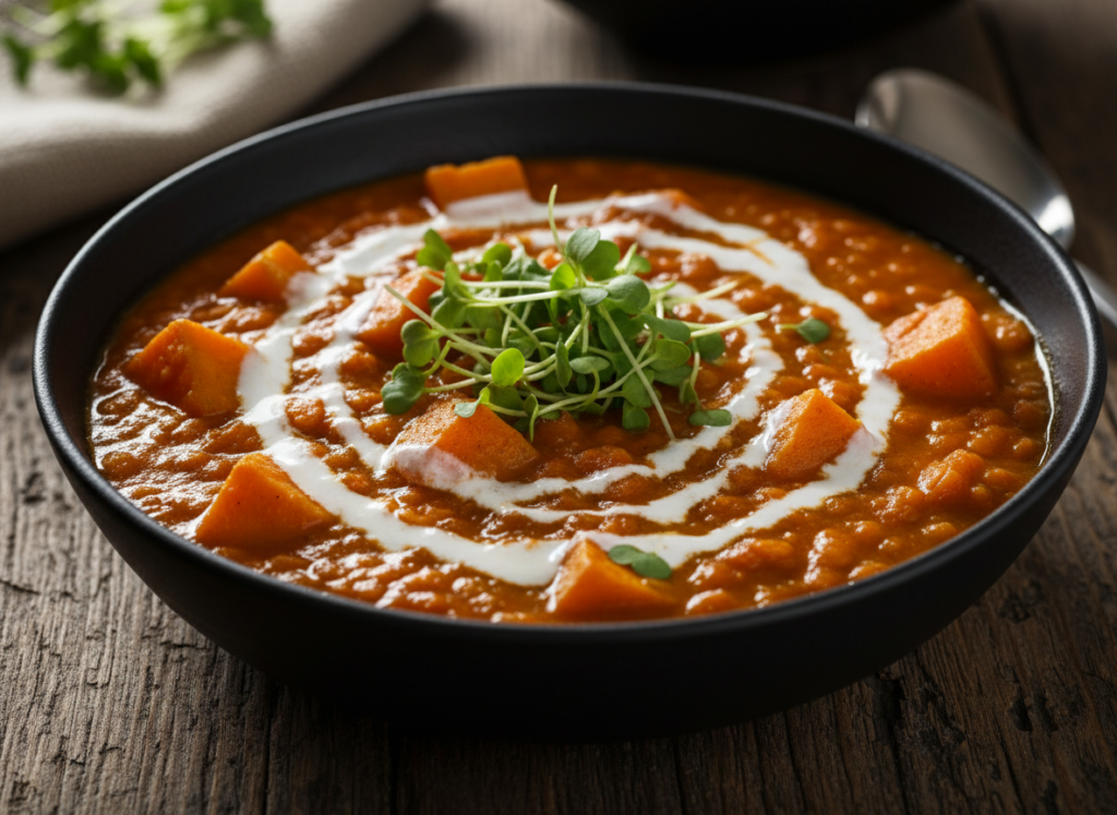 red lentil curry with sweet potatoes in a black bowl red lentil curry with sweet potatoes in a black bowl