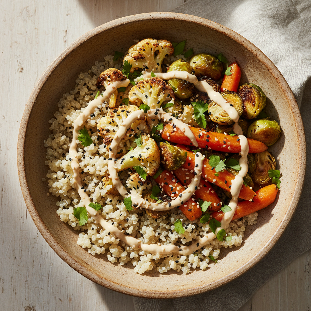 roasted vegetable grain bowl with quinoa, cauliflower, and tahini drizzle