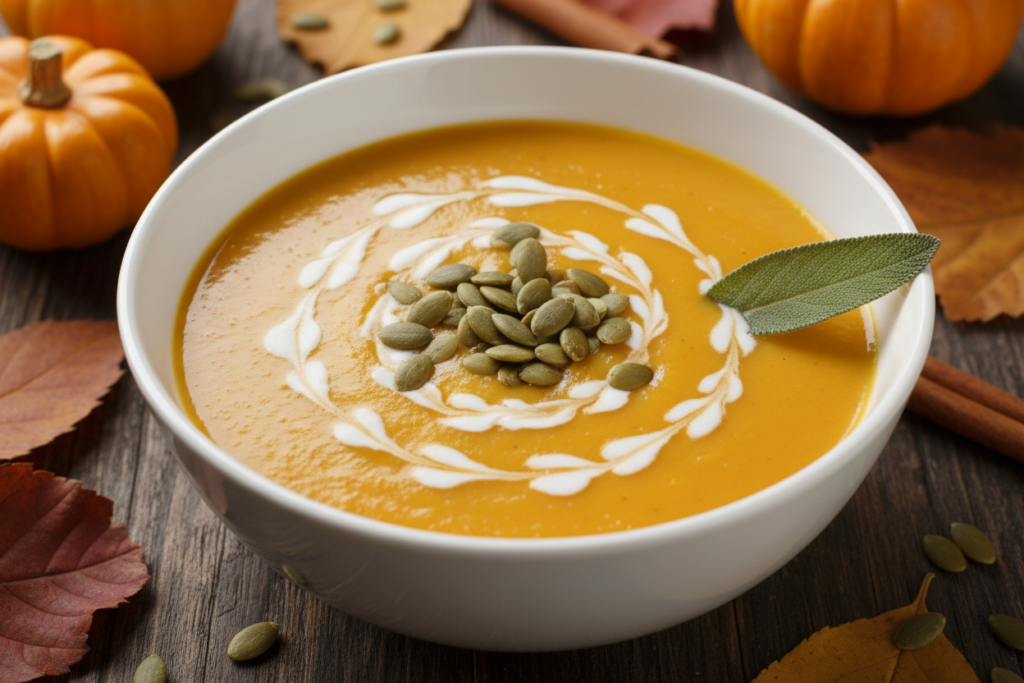 smooth butternut squash soup in a white bowl with pumpkin seeds