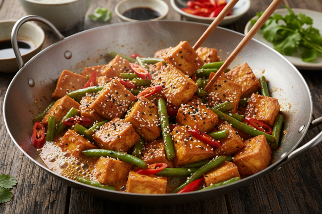 spicy Szechuan tofu stir-fry with green beans and chili peppers