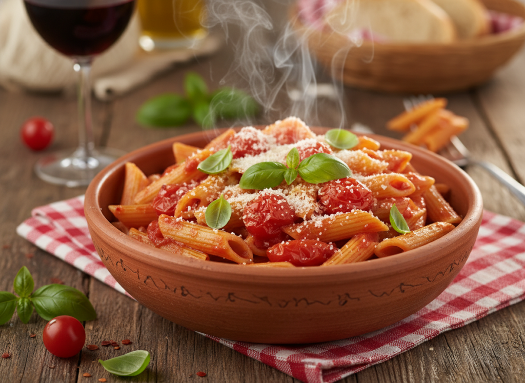 spicy arrabbiata pasta with cherry tomatoes and fresh basil spicy arrabbiata pasta with cherry tomatoes and fresh basil