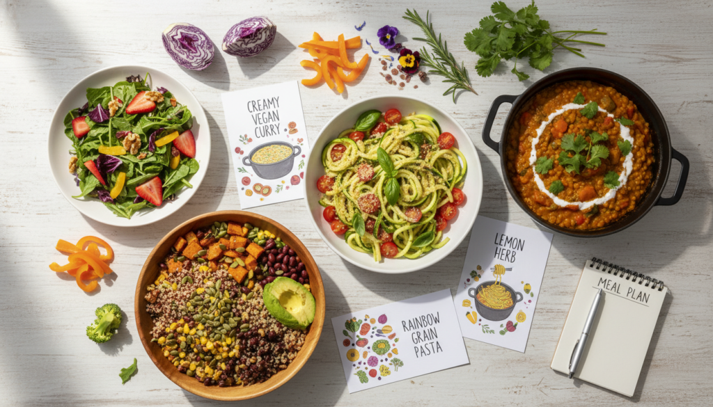 variety of easy vegan dinners displayed on a table for meal planning
