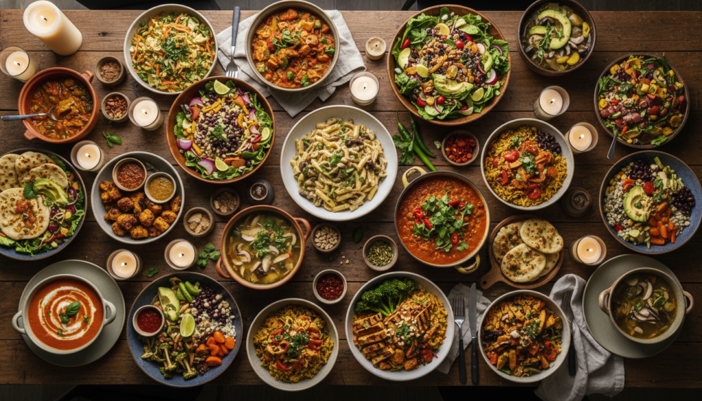variety of vegan dinner dishes arranged on a table variety of vegan dinner dishes arranged on a table