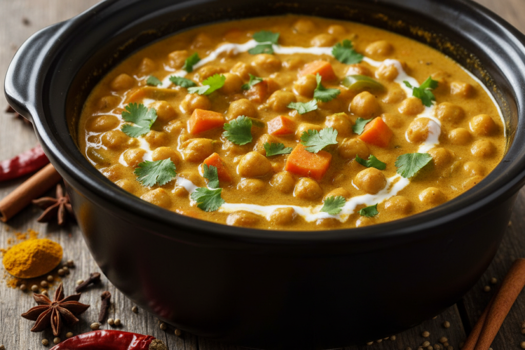 vegan chickpea curry in slow cooker with coconut milk and spices