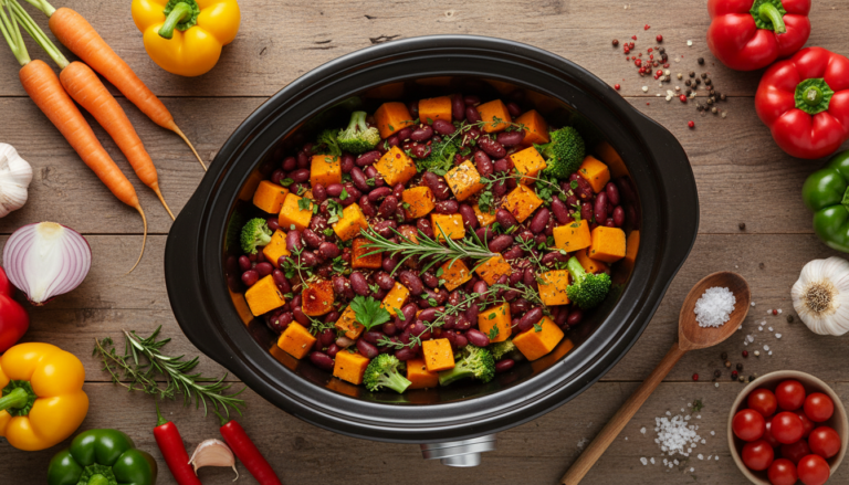 vegan crockpot recipes featuring colorful plant-based ingredients in a modern slow cooker