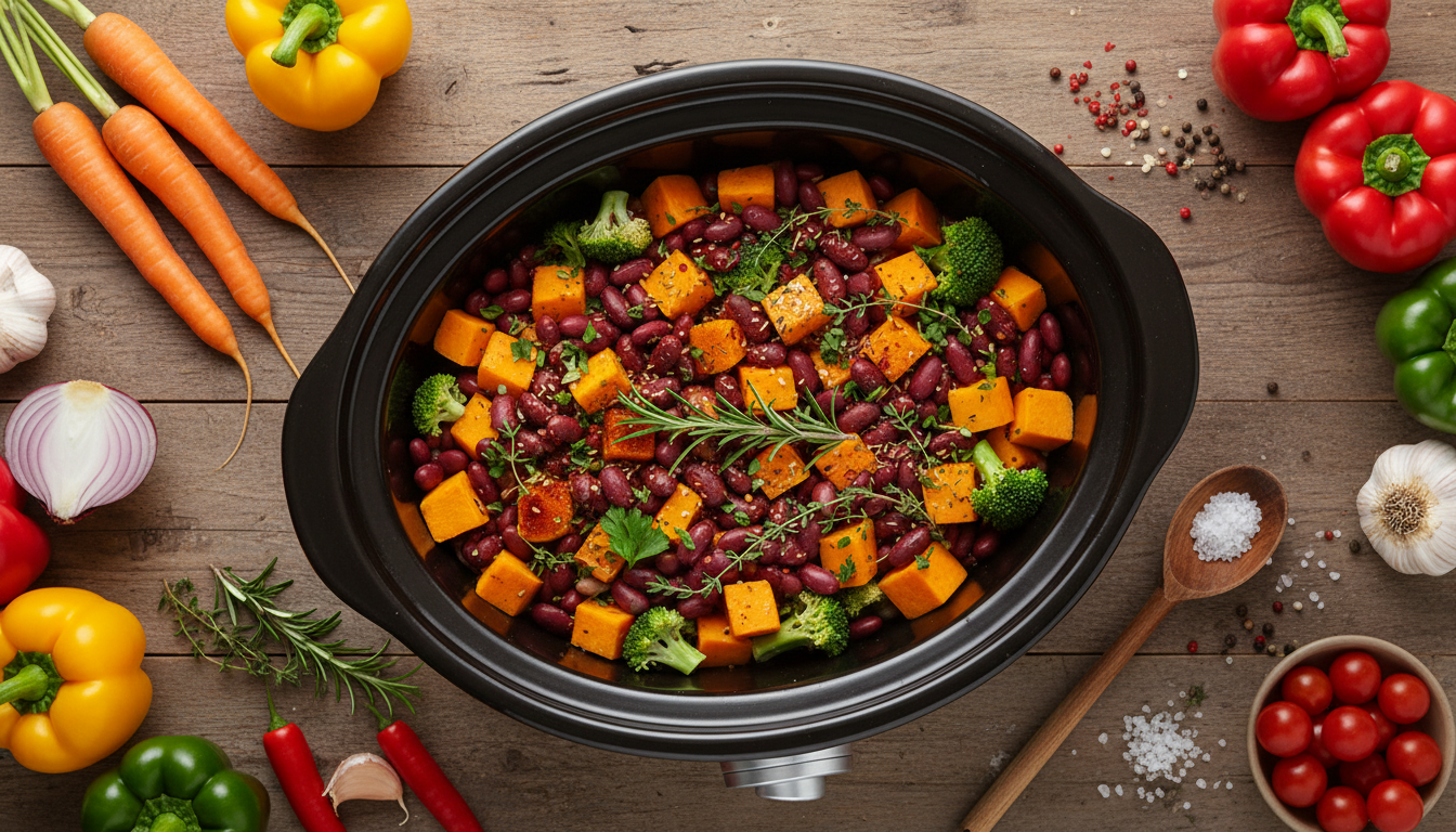 vegan crockpot recipes featuring colorful plant-based ingredients in a modern slow cooker