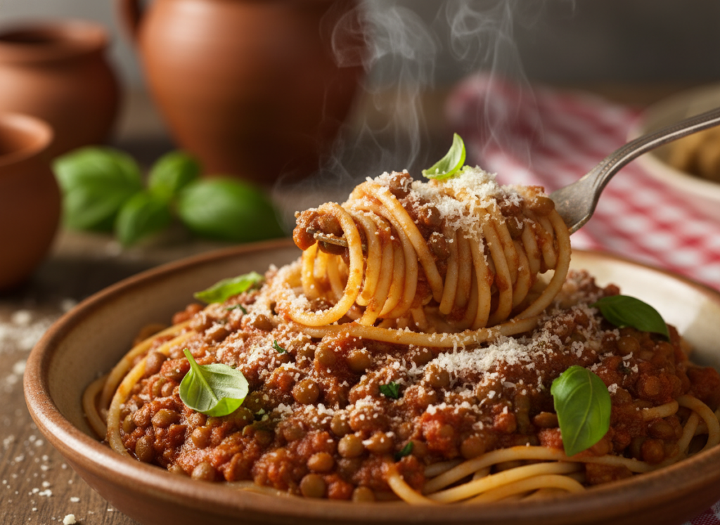 vegan lentil bolognese over spaghetti with basil vegan lentil bolognese over spaghetti with basil