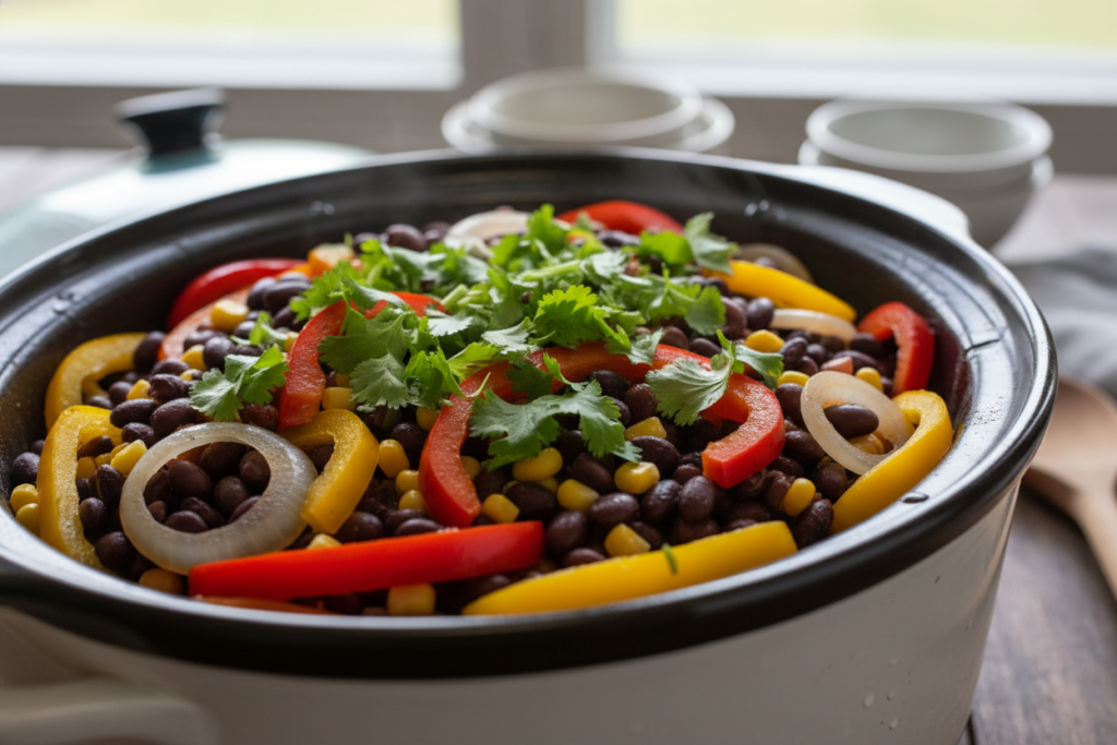 vegan slow cooker black bean dish with vegetables and herbs