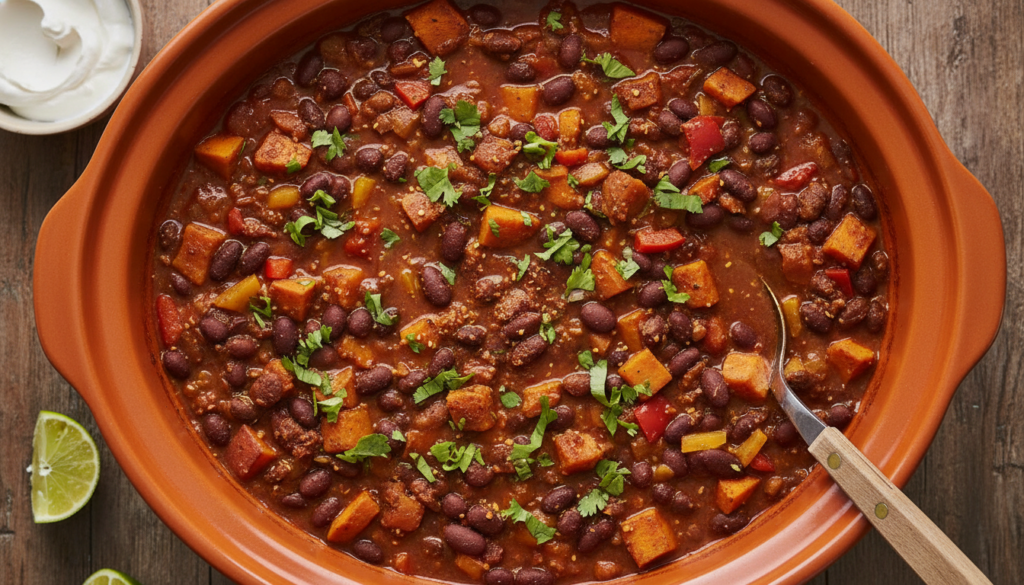 vegan slow cooker chili with black beans and sweet potato chunks