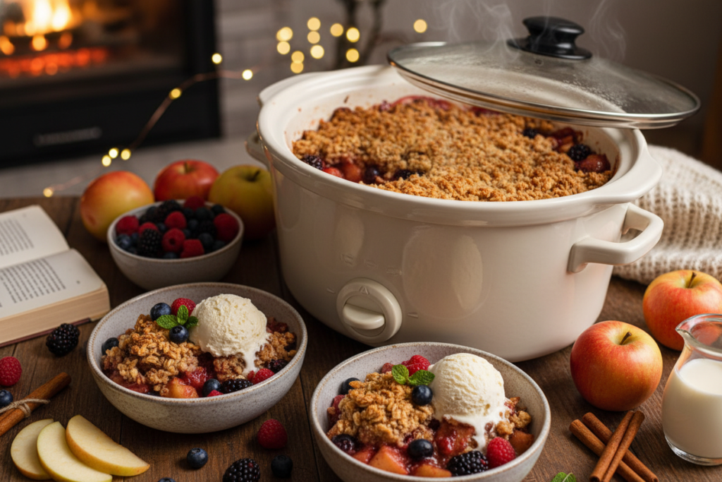 vegan slow cooker dessert with fruits and sweet ingredients