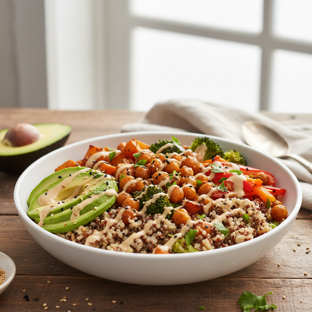 vegan slow cooker grain bowl with quinoa vegetables and legumes