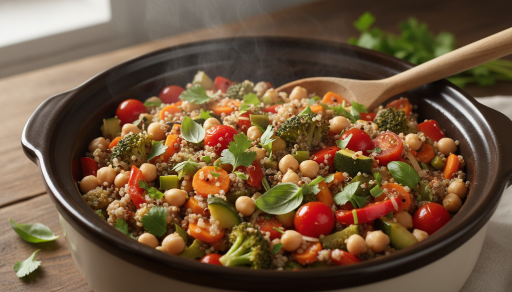 vegan slow cooker one-pot meal with grains vegetables and legumes