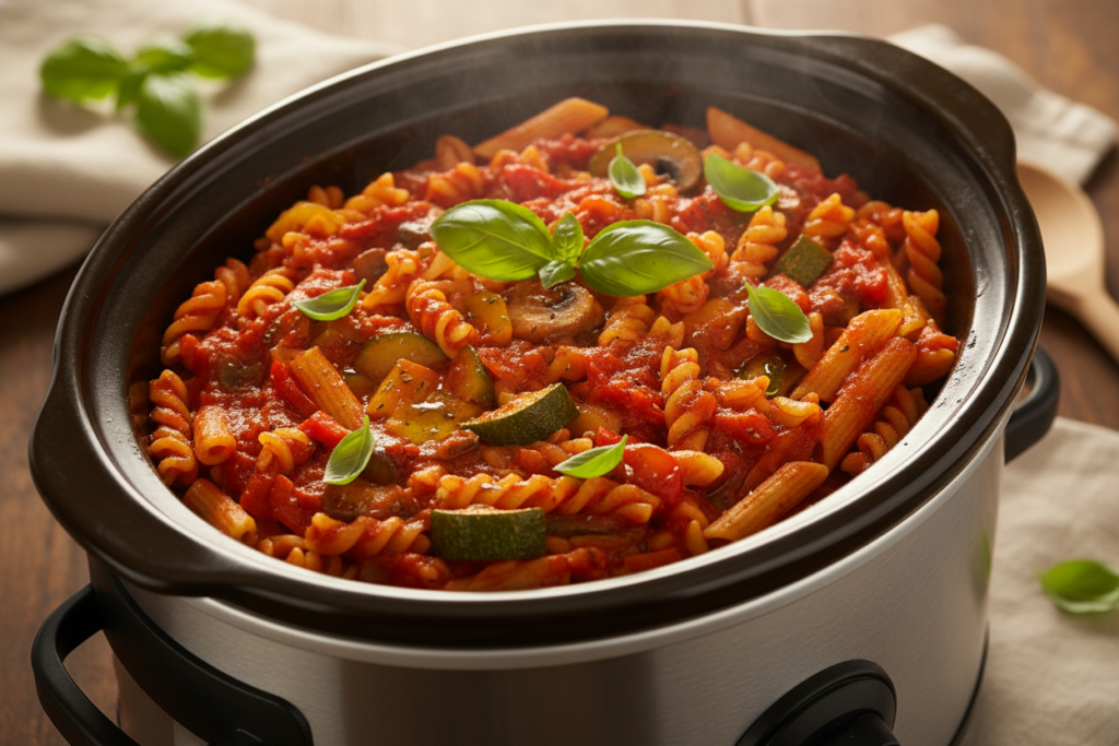 vegan slow cooker pasta with marinara sauce and vegetables
