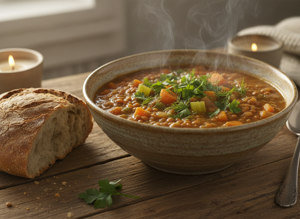 vegan slow cooker soup with vegetables and lentils in a rustic bowl