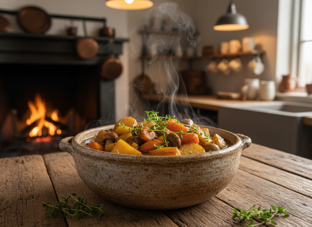 vegan slow cooker stew with root vegetables and herbs