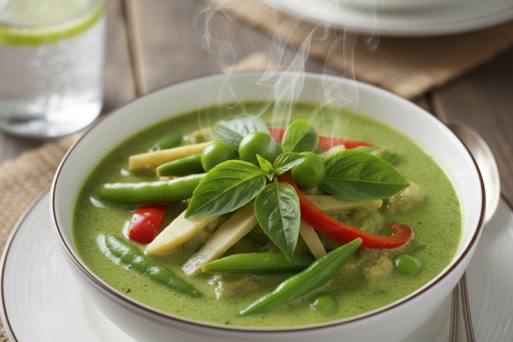vibrant green Thai curry with colorful vegetables in a white bowl