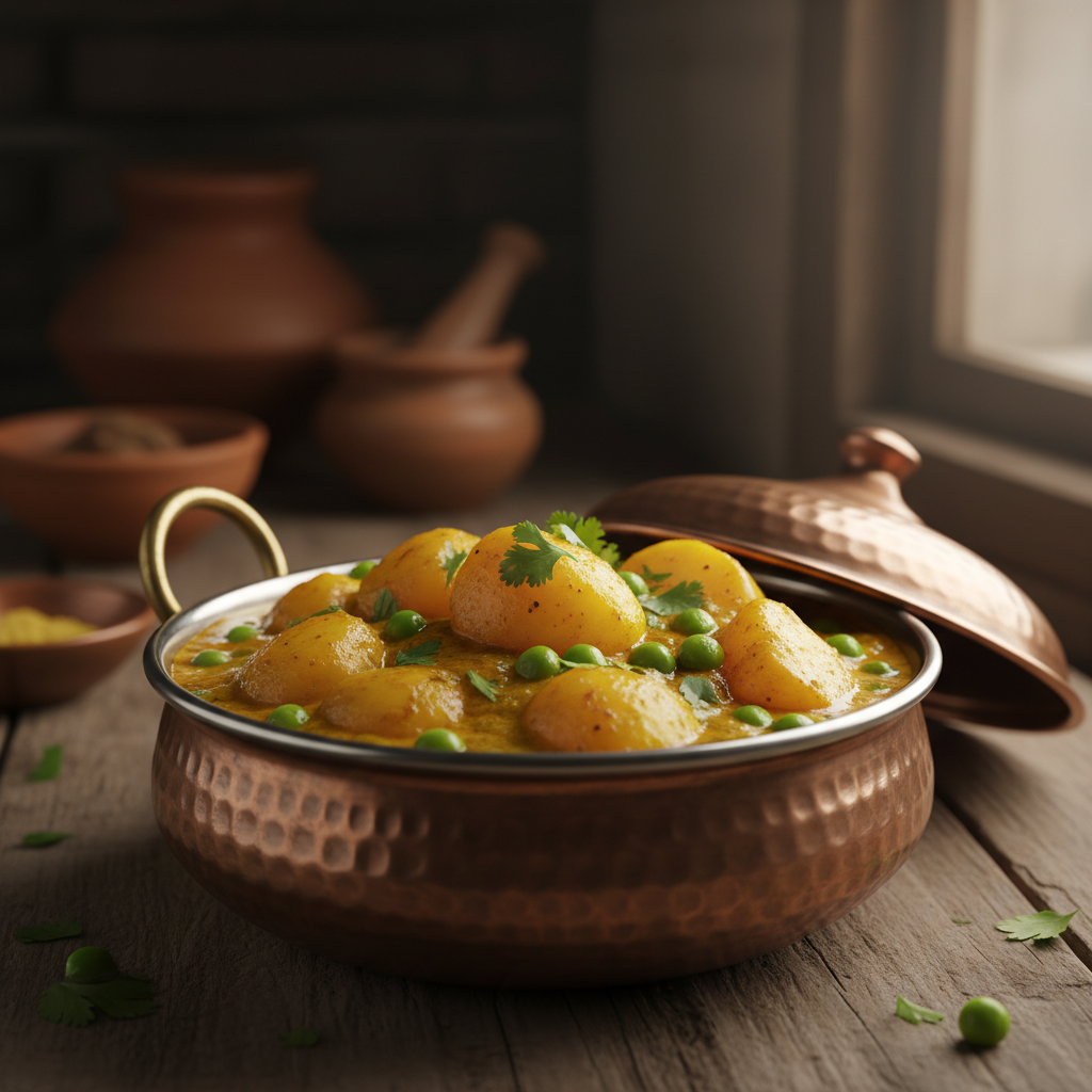 yellow potato curry with peas in a copper pot yellow potato curry with peas in a copper pot