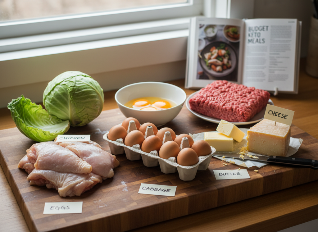 Affordable keto ingredients arranged on a cutting board