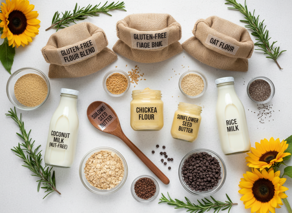 Array of allergen-free ingredients including gluten-free flour, nut-free options, soy-free alternatives