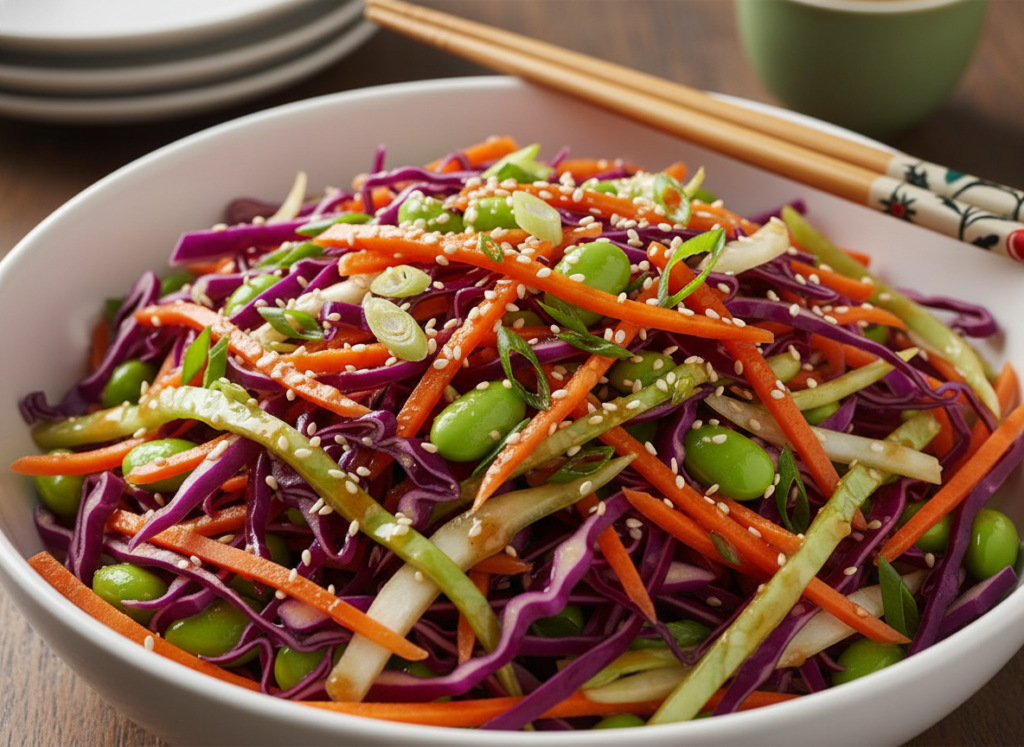 Asian-inspired cabbage slaw with sesame seeds and ginger dressing in serving bowl