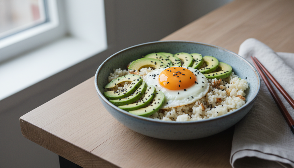 Asian-style keto breakfast bowl with cauliflower rice and fried egg