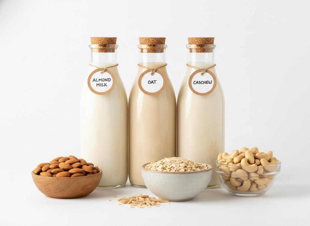 Assorted homemade nut milk bottles with almonds, oats, and cashews displayed