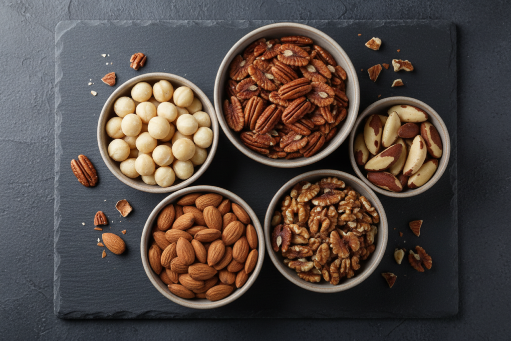 Assortment of keto-friendly nuts in small bowls including macadamias, pecans, and almonds