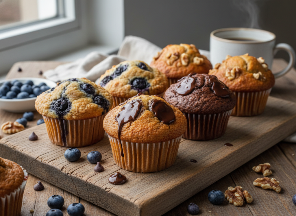 Assortment of vegan muffins including blueberry, chocolate chip, and banana walnut varieties
