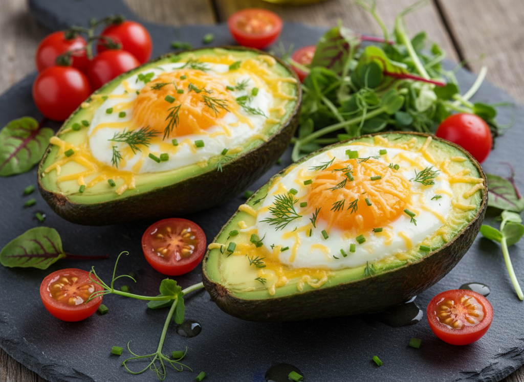 Avocado boat filled with baked egg and toppings