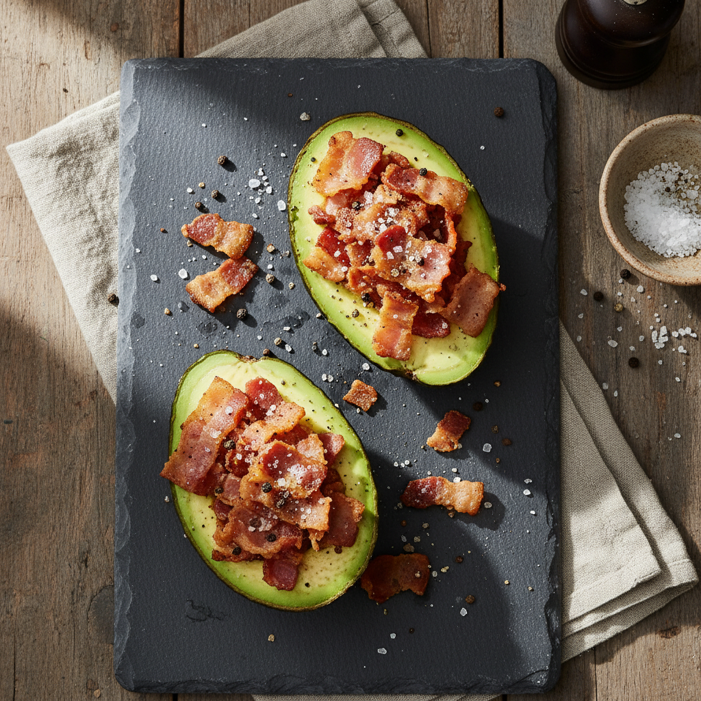 Avocado halves filled with crumbled bacon and seasoning