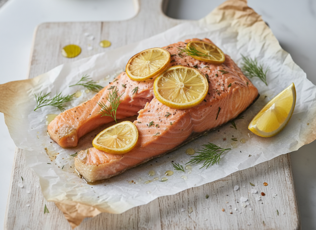 Baked salmon with lemon and dill on parchment paper