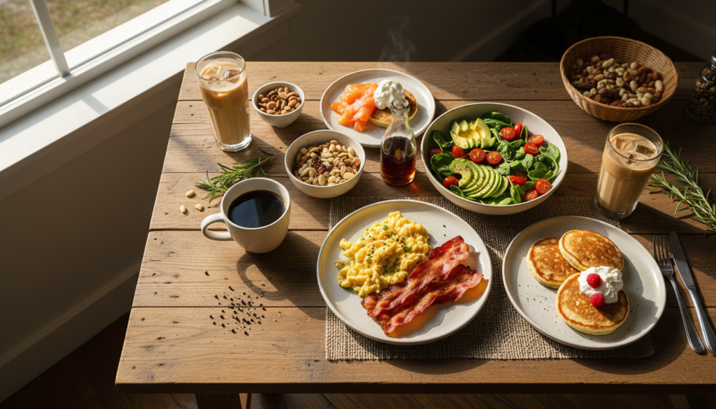 Beautiful keto breakfast spread on a dining table