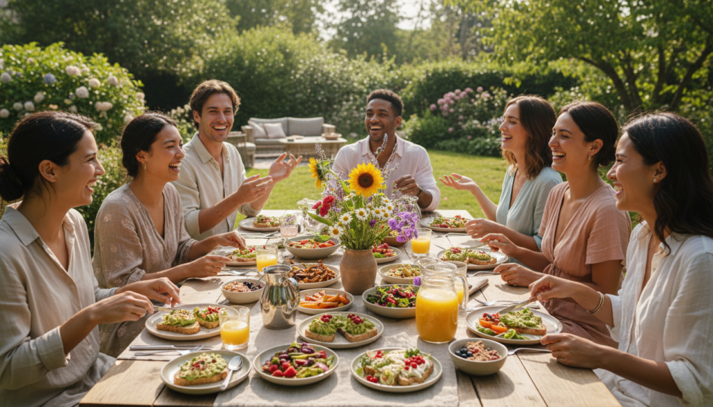 Beautiful vegan brunch table with happy people enjoying meal together