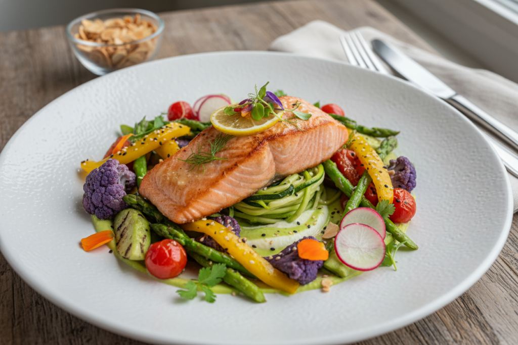 Beautifully plated keto meal showing variety and color