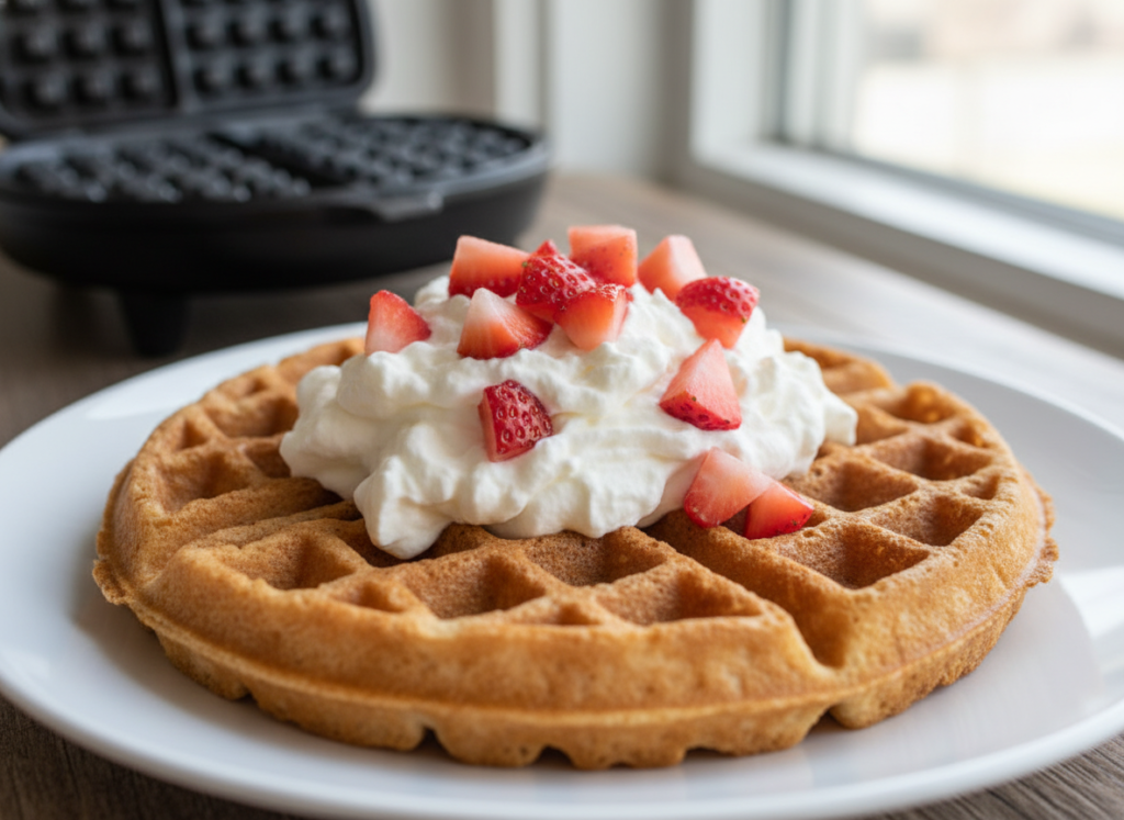 Belgian style keto waffle on a plate with toppings