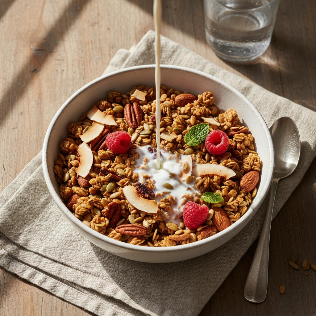 Bowl of keto granola with coconut milk and fresh berries