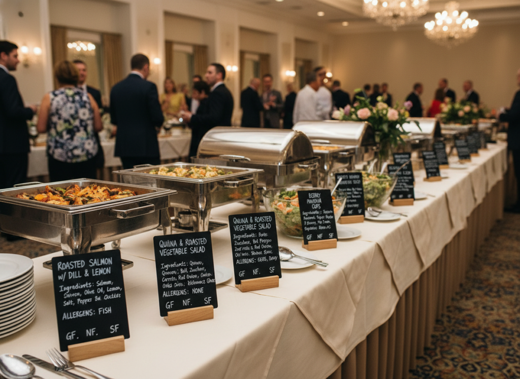 Buffet labels clearly marking allergen information for each dish