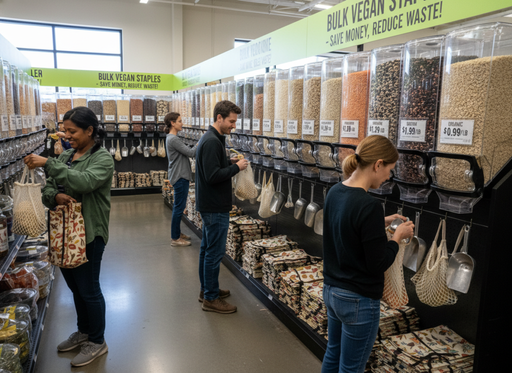Bulk bins of affordable vegan staples including oats, beans, rice, and lentils