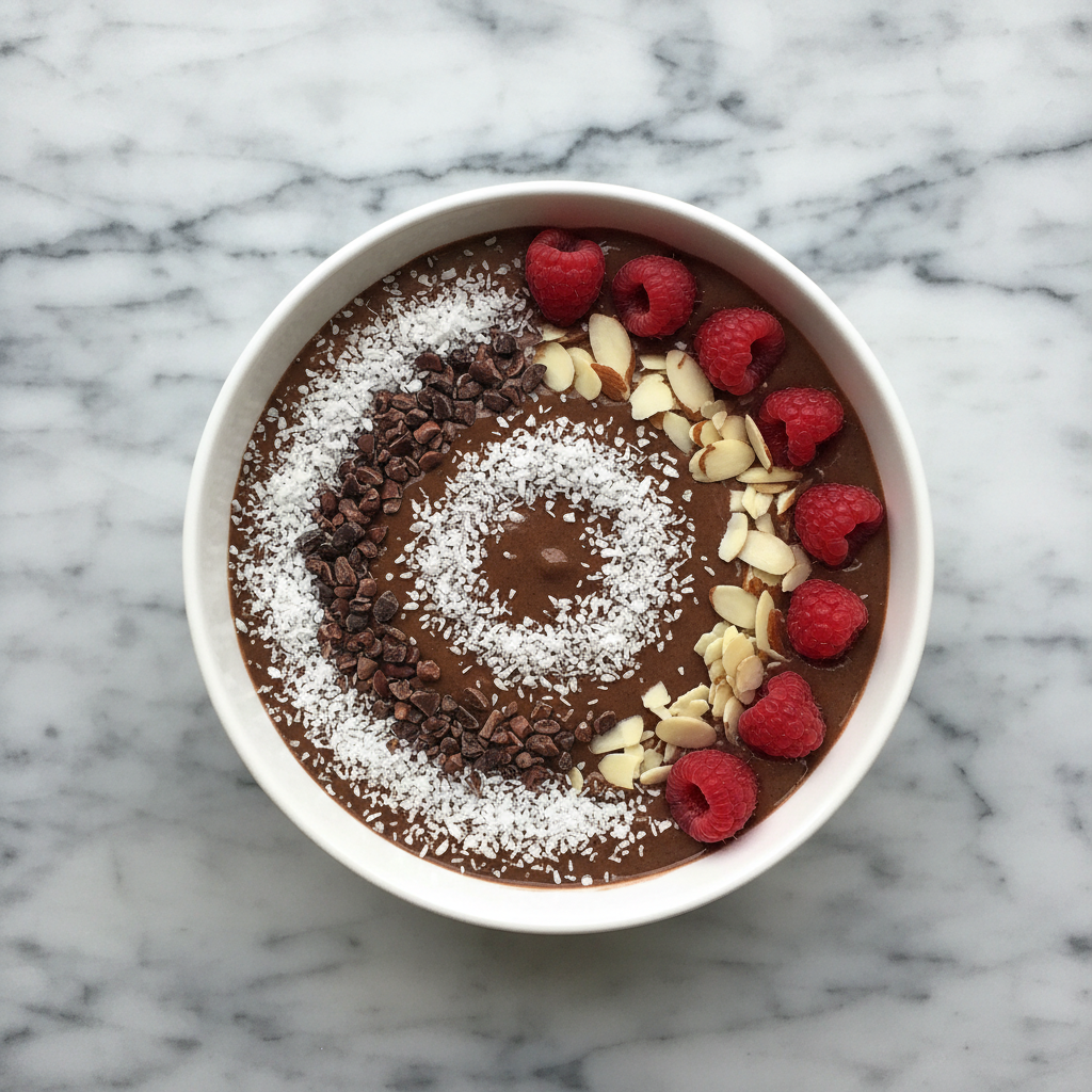 Chocolate keto smoothie bowl with colorful toppings