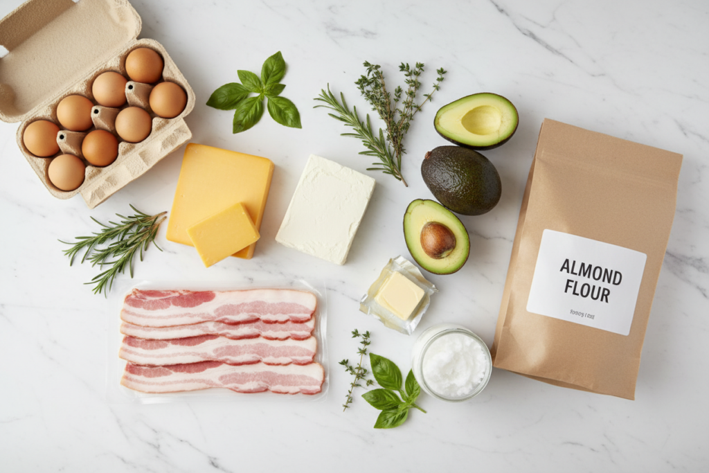 Collection of keto-friendly breakfast ingredients arranged on a kitchen counter