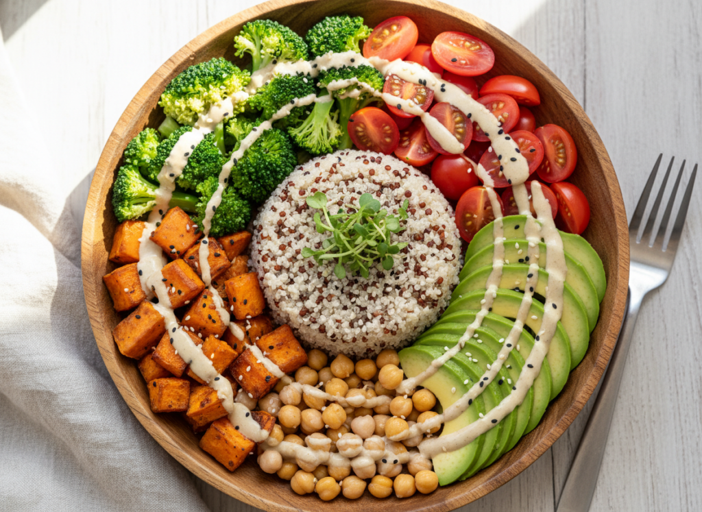 Colorful Buddha bowl with quinoa, roasted vegetables, avocado, and tahini dressing