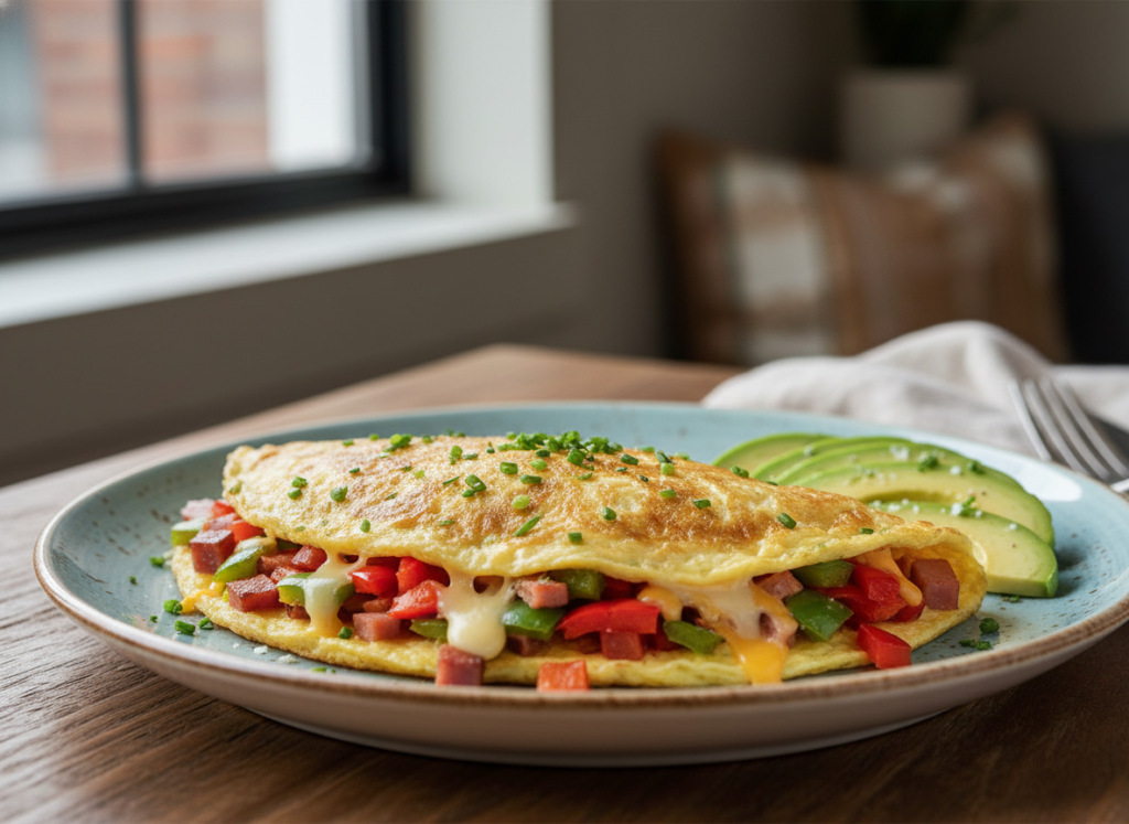Colorful Denver omelette filled with peppers, ham and cheese