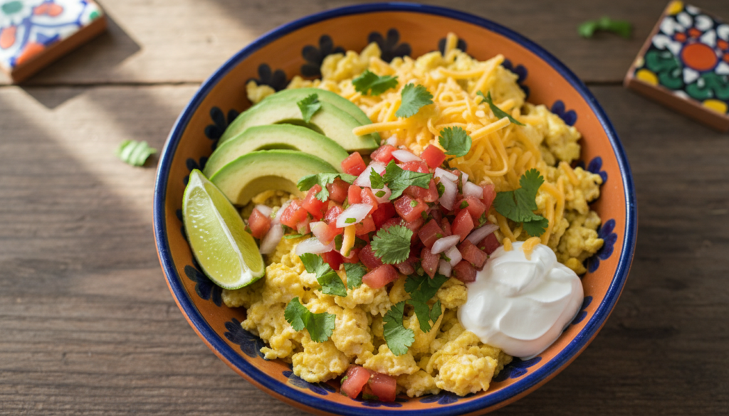 Colorful Mexican keto breakfast bowl with eggs, avocado and salsa