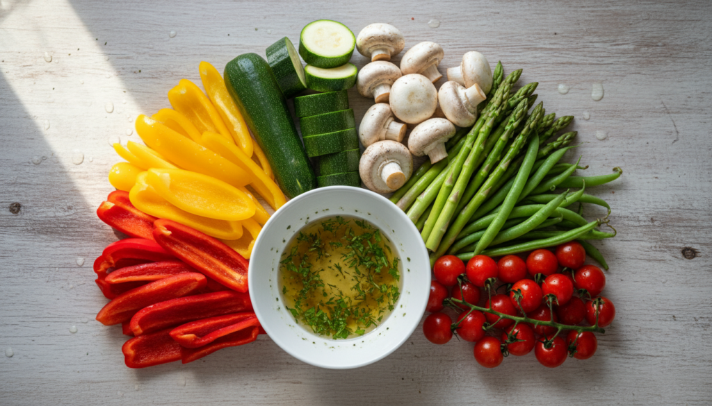 Colorful array of low-carb vegetables including peppers, zucchini, and mushrooms
