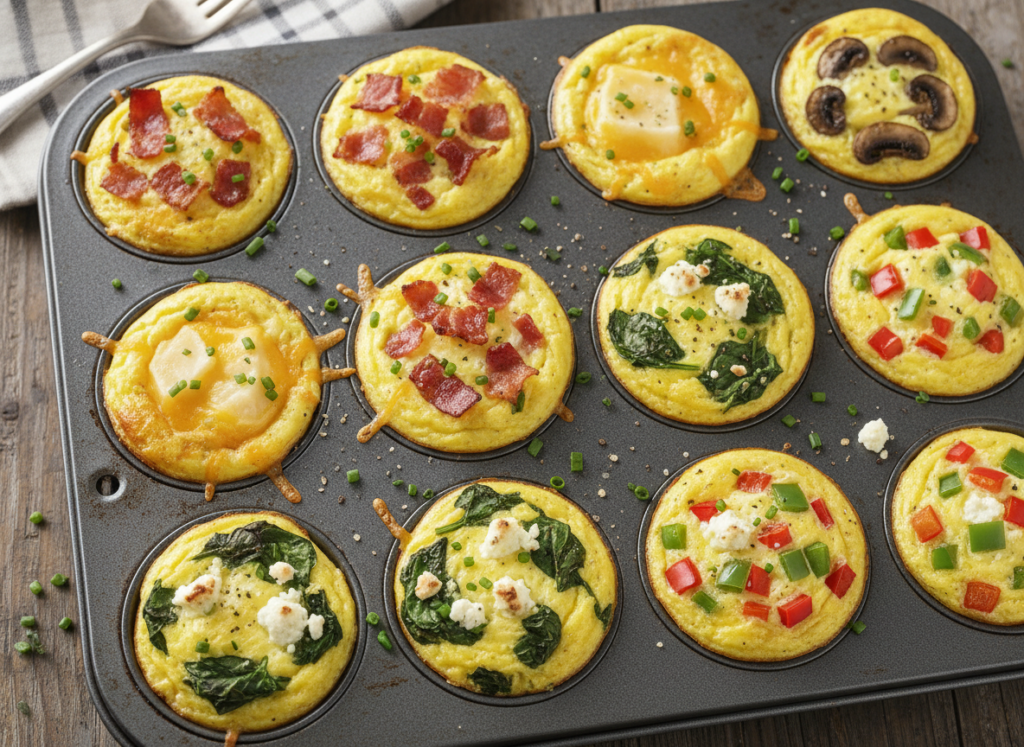 Colorful baked egg cups in a muffin tin with various toppings