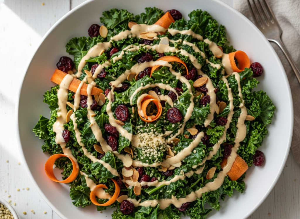 Colorful kale salad with cranberries, almonds, and creamy dressing in white bowl
