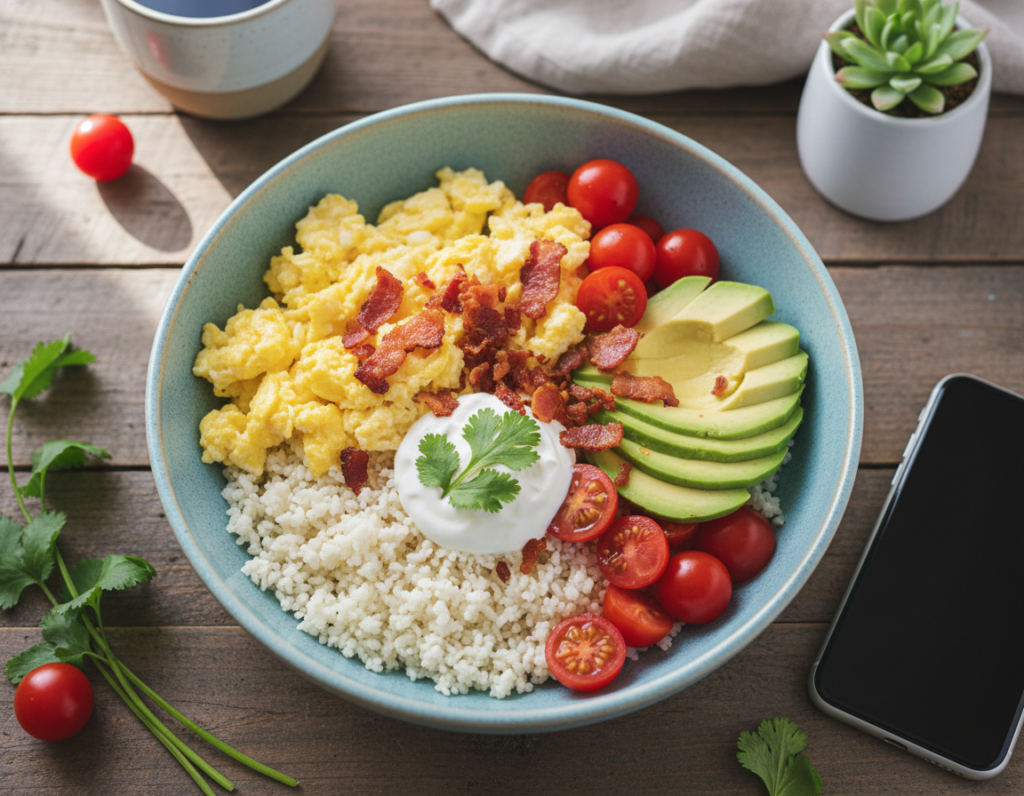 Colorful keto breakfast bowl with various protein and vegetable components