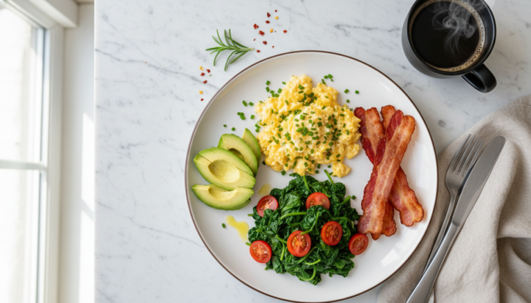Colorful keto breakfast spread with eggs, avocado, bacon and vegetables on a white table